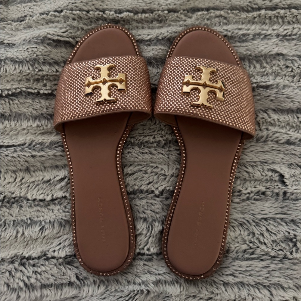 Tory Burch Gold and Brown Slide Sandals